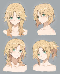 1girl alternate_hairstyle braid closed_mouth collarbone commentary_request fate/apocrypha fate_(series) green_eyes grey_background highres looking_at_viewer medium_hair mordred_(fate) mordred_(fate/apocrypha) multiple_views short_hair side_ponytail sidelocks simple_background single_braid smile tonee upper_body