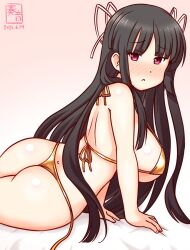 Rule 34 | 1girl, artist logo, ass, bikini, black hair, commentary request, cowboy shot, dated, gold bikini, gradient background, hair ribbon, hime cut, hiyou (kancolle), kanon (kurogane knights), kantai collection, logo, long hair, lying, on stomach, open clothes, pink background, red eyes, ribbon, side-tie bikini bottom, solo, swimsuit, thong bikini, untied bikini, white ribbon