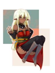 1girl antenna_hair black_sleeves black_thighhighs breasts brown_eyes cleavage cleavage_cutout clothing_cutout dark-skinned_female dark_elf dark_skin detached_collar detached_sleeves dress elf grey_socks hand_on_own_chest highres jewelry kneehighs large_breasts long_hair low-tied_long_hair necklace obi pandemonic_planet_(wmzplanet) parted_lips pointy_ears red_dress rope_around_waist sandals sansei_muramasa sash side_slit socks soukou_akki_muramasa thighhighs thighs upskirt very_long_hair w white_hair white_sandals