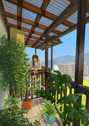 1girl absurdres against_railing apartment balcony blue_sky brown_hair closed_mouth commentary_request curtains day dress full_body highres looking_at_viewer mountainous_horizon nakamo_(momo717n) original outdoors plant potted_plant railing sky smile solo standing white_dress