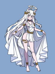1girl alternate_costume ancient_greek_clothes animal_ears arknights bare_shoulders barefoot blue_background bracelet cape cape_lift chinese_commentary commentary_request fake_halo flat_chest gold gold_anklet gold_armlet gold_belt gold_bracelet gold_collar greco-roman_clothes halo highres horse_ears horse_girl horse_tail hydrogina jewelry large_variant_set laurel_crown long_hair looking_at_viewer o-ring platinum_(arknights) purple_eyes revealing_clothes ringed_eyes shirt simple_background smile solo tail variant_set white_cape white_hair white_shirt yellow_halo