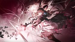 2girls amiya_(arknights) amiya_(medic)_(arknights) animal_ears arknights black_jacket blue_eyes brown_hair burnt_clothes closed_mouth crown dress dutch_angle feet_out_of_frame floating floating_hair game_cg hair_over_one_eye highres holding holding_staff hood hood_down hooded_jacket jacket long_hair long_sleeves looking_at_viewer low_ponytail multiple_girls official_art open_hand outstretched_arm parted_lips ponytail rabbit_ears short_dress smile staff theresa_(arknights) third-party_source very_long_hair white_dress white_hair