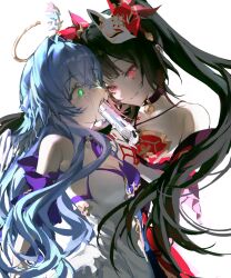 2girls absurdres bare_shoulders bell black_choker choker crying dress flower_tattoo fox_mask green_eyes gun gun_in_mouth halo halo_behind_head halterneck handgun head_wings highres holding holding_gun holding_weapon honkai:_star_rail honkai_(series) li_nauu looking_at_another mark_under_both_eyes mask mask_on_head multiple_girls neck_bell open_mouth purple_dress purple_sleeves red_dress red_eyes red_sleeves revolver robin_(honkai:_star_rail) simple_background smile sparkle_(honkai:_star_rail) strapless strapless_dress streaming_tears tattoo tears twintails two-tone_dress weapon white_background white_wings wings
