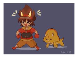 Rule 34 | black eyes, brown hair, dinosaur king, gabu (dinosaur king), happy, highres, horns, kodai ryuuta, smile, tail