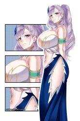 bare_shoulders blue_dress breasts cleavage clothing_cutout cowboy_shot dress from_side grey_hair high_ponytail highres hip_vent hololive hololive_indonesia huge_breasts long_hair looking_at_viewer muhammaddeny navel pavolia_reine ponytail simple_background solo_focus stomach_cutout strapless strapless_dress virtual_youtuber white_background white_dress