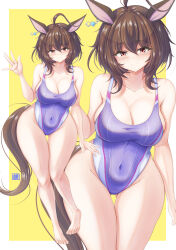 1girl absurdres agnes_tachyon_(umamusume) ahoge animal_ears barefoot breasts brown_eyes brown_hair cleavage competition_swimsuit covered_navel cowboy_shot gluteal_fold highleg highleg_one-piece_swimsuit highres horse_ears horse_girl horse_tail large_breasts looking_at_viewer multicolored_swimsuit multiple_views one-piece_swimsuit purple_one-piece_swimsuit short_hair swimsuit tail thigh_gap tong_shui umamusume waving yellow_background zoom_layer