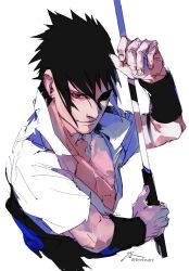 Rule 34 | 1boy, black hair, chokutou, highres, holding, holding sword, holding weapon, male focus, naruto (series), naruto shippuuden, red eyes, sharingan, short hair, simple background, solo, spiked hair, sword, uchiha sasuke, upper body, weapon, white background, zifletts