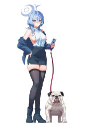 1girl absurdres ako_(blue_archive) alfie_(tmdals7645) alternate_costume black_skirt black_thighhighs blue_archive blue_boots blue_eyes blue_hair blue_jacket boots breasts casual cellphone closed_mouth dog full_body hair_between_eyes halo high_heel_boots high_heels highres holding holding_phone jacket jewelry long_hair looking_at_viewer necklace open_clothes open_jacket phone shirt shirt_tucked_in sideboob simple_background skirt sleeveless sleeveless_shirt smartphone solo standing thighhighs v-shaped_eyebrows white_background white_shirt