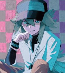 Rule 34 | 1boy, aqua eyes, baseball cap, black hat, black undershirt, blue eyes, brown pants, checkered background, collared shirt, green hair, hair between eyes, hat, highres, jewelry, long hair, looking at viewer, male focus, n (pokemon), necklace, nintendo, pants, pokemon, pokemon bw, ponytail, shirt, simple background, sitting, smile, solo, upper body, white shirt, wristband, zero (sleepy meltan)
