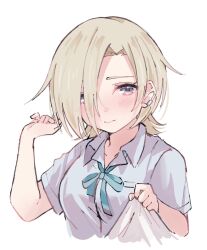 Rule 34 | 1girl, blonde hair, blue ribbon, blush, breasts, closed mouth, collared shirt, cropped torso, ear piercing, hair over one eye, highres, looking at viewer, love live!, love live! nijigasaki high school idol club, medium breasts, mia taylor, nijigasaki school uniform, notyu maru, piercing, purple eyes, ribbon, school uniform, shirt, short hair, short sleeves, solo, summer uniform, upper body, white background, white shirt