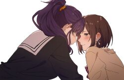 2girls asahina_mafuyu black_shirt blush brown_eyes brown_hair brown_sweater closed_mouth commentary_request highres kamo_(kraw3887) long_hair looking_at_another multiple_girls ponytail project_sekai purple_hair sailor_collar school_uniform shinonome_ena shirt simple_background sweater white_background white_sailor_collar yuri