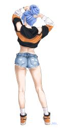 1girl ass bae_minah_(chaesu) blue_hair chaesu clothing_cutout crop_top cropped_jacket denim denim_shorts hair_bun highres looking_away orange_shoes shoes short_shorts shorts shoulder_cutout