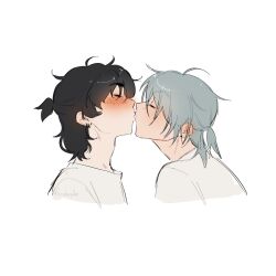 Rule 34 | 2boys, alien stage, blush, closed eyes, commentary, cropped shoulders, english commentary, fricaterpillar, half updo, highres, ivan (alien stage), kiss, male focus, multiple boys, shirt, short hair, till (alien stage), white shirt, yaoi