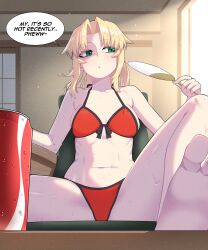 1girl absurdres bare_shoulders bikini blonde_hair blush breasts can drink_can english_text fate/grand_order fate_(series) green_eyes hand_fan highres hyperbudd long_hair looking_to_the_side mordred_(fate) mordred_(swimsuit_rider)_(fate) mordred_(swimsuit_rider)_(first_ascension)_(fate) navel parted_bangs ponytail red_bikini sidelocks small_breasts soda_can solo speech_bubble spread_legs swimsuit thighs