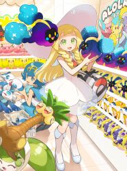 2girls :d absurdres alolan_exeggutor alolan_form bag blonde_hair blue_hair blue_pants blue_shoes braid character_doll commentary_request cosmog doll dress duffel_bag eyelashes gen_7_pokemon green_eyes hairband hat highres holding holding_doll indoors lana_(pokemon) legendary_pokemon lillie_(pokemon) long_hair lunala multiple_girls nintendo open_mouth orange_mikan pants pokemon pokemon_(creature) pokemon_sm popplio poster_(object) sandals shirt shoes shopping_basket sleeveless sleeveless_dress sleeveless_shirt smile socks solgaleo squatting standing sun_hat tongue twin_braids white_bag white_dress white_hat white_shirt white_socks wishiwashi wishiwashi_(solo) yellow_hairband