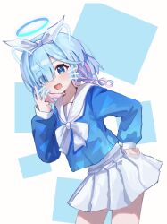 Rule 34 | 1girl, absurdres, aqua background, aqua hair, aqua halo, arona (blue archive), blue archive, blue eyes, blue shirt, blunt bangs, blush, bow, bow hairband, bowtie, braid, bright pupils, chinese commentary, colored inner hair, commentary request, cowboy shot, drawn ears, drawn whiskers, eyes visible through hair, fang, hair over one eye, hairband, halo, hand on own hip, hand up, highres, leaning forward, long sleeves, looking at viewer, making-of available, medium hair, miniskirt, multicolored hair, no hair ornament, open mouth, parted bangs, pink hair, pleated skirt, puffy long sleeves, puffy sleeves, sailor collar, sailor shirt, school uniform, serafuku, shirt, sidelocks, simple background, single braid, skin fang, skirt, smile, solo, two-tone background, two-tone hair, w, white background, white bow, white bowtie, white hairband, white sailor collar, white skirt, xiaoxiaoyifan