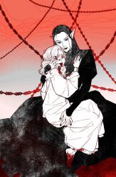 Rule 34 | 2girls, aged down, astarion, baldur&#039;s gate, baldur&#039;s gate 3, black dress, black hair, blood, blood from mouth, blood on face, cazador szarr, dress, dungeons & dragons, dungeons &amp; dragons, genderswap, genderswap (mtf), gradient background, highres, ichijo (cyxxx123), long hair, multiple girls, pointy ears, red eyes, sitting, sitting on lap, sitting on person, straight hair, wavy hair, white dress, white hair