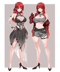 2girls absurdres arm_at_side bare_legs bare_shoulders belt black_belt black_nails black_shoes black_skirt blunt_bangs border borrowed_character breasts bridal_gauntlets brown_background cleavage cleavage_cutout closed_mouth clothing_cutout collarbone commentary commentary_request covered_navel crop_top dogs_(dlrkdejr26) dress elbow_sleeve english_commentary fingernails green_eyes grey_eyes hand_on_own_hip hand_up heterochromia high_heels highres hip_vent horizontal-striped_clothes horizontal-striped_skirt jacket jewelry korean_commentary large_breasts long_hair long_sleeves lost_ark mixed-language_commentary multiple_belts multiple_girls navel necklace original parted_lips red_eyes red_hair red_jacket see-through_cleavage see-through_clothes see-through_midriff shirt shoes sidelocks single_bare_shoulder single_off_shoulder skirt smile stomach striped_clothes striped_shirt striped_skirt thigh_strap underboob v white_border