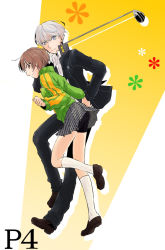 atlus az0212 bad_id bad_pixiv_id bike_shorts brown_eyes brown_hair golf_club grey_eyes grey_hair jacket narukami_yu persona persona_4 satonaka_chie school_uniform short_hair skirt socks track_jacket upskirt