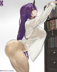 Rule 34 | 1girl, artist name, ass, bookshelf, bottomless, breasts, commentary, covered erect nipples, horns, howxen, large breasts, long hair, parted lips, patreon username, purple eyes, purple hair, shion (tensura), shirt, solo, standing, tensei shitara slime datta ken, toned, toned female, white shirt