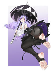 1girl ass black_headdress black_leggings black_skirt breasts dress drill_hair eiji_(eiji) from_side full_body highres holding holding_umbrella large_breasts leggings long_hair looking_at_viewer mole mole_under_eye open_mouth purple_hair red_eyes sideboob skirt soles solo stirrup_legwear toeless_legwear toes twin_drills umbrella very_long_hair vivian_banshee white_dress zenless_zone_zero