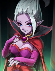 Rule 34 | 1girl, black lips, blue eyes, breasts, cape, cleavage, colored skin, commentary, dr. arinsu, dragon ball, dragon ball daima, english commentary, grey hair, grin, high collar, large breasts, lips, lipstick, long hair, looking at viewer, makeup, pink skin, pointy ears, smile, solo, vmat