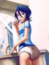 Rule 34 | absurdres, bleach, breasts, diaper, highres, kuchiki rukia, looking at viewer, looking back, no pants, small breasts, source request, speh, third-party edit, toothbrush
