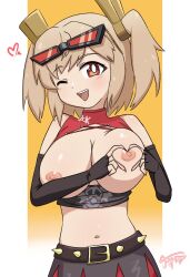 1girl aged_down blonde_hair blush breast_press breasts breasts_apart breasts_out burnice_white female_focus glasses heart jua large_breasts medium_hair navel nipples one_eye_closed open_mouth red_eyes skirt solo tongue white_background yellow_background zenless_zone_zero