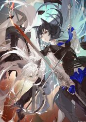 2girls absurdres animal_ear_fluff animal_ears arknights black_coat black_hair black_jacket black_pantyhose black_vest blue_gloves blue_necktie blue_shorts brown_eyes coat commentary cross_scar dual_wielding english_commentary fingerless_gloves fire flaming_sword flaming_weapon gloves green_eyes highres holding jacket jacket_on_shoulders kingcraft_kingu lappland_(arknights) lappland_(refined_horrormare)_(arknights) long_sleeves multiple_girls necktie pantyhose pantyhose_under_shorts pouch scar scar_across_eye scar_on_face shirt shorts skull sparks sword_clash tail texas_(arknights) texas_the_omertosa_(arknights) thigh_strap torn_clothes torn_necktie two-sided_fabric two-sided_jacket vest white_hair white_shirt wolf_ears wolf_girl wolf_tail