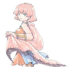 1girl bare_shoulders blue_eyes bracer breasts cape cowboy_shot dress earrings final_fantasy final_fantasy_v gold_trim jewelry lenna_charlotte_tycoon medium_breasts michibata_65 open_mouth orange_dress pink_cape pink_hair short_dress short_hair smile solo white_background