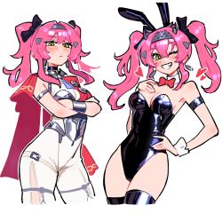 absurdres arm_strap armor black_choker blush bow bowtie breastplate breasts cape choker contrapposto cowboy_shot crossed_arms detached_collar earrings grin hair_between_eyes hair_bow hairband hand_on_own_chest hand_on_own_hip heart highres jewelry kaatokun leotard lupa_(wuthering_waves) multiple_views one_eye_closed pink_hair playboy_bunny red_bow red_bowtie red_cape smile twintails white_background wrist_cuffs wrist_guards