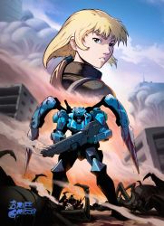 Rule 34 | 1girl, absurdres, andrew v jacobs, blood, blue gender, commentary, copyright name, english commentary, giant insect, gun, highres, holding, holding gun, holding weapon, logo, long hair, looking at viewer, looking back, marlene angel, mecha, military, one-eyed, robot, rubble, science fiction, sky, sleeper (blue gender), smoke, smoking barrel, weapon