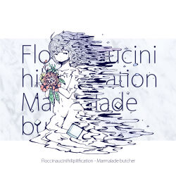 1girl absurdres artist_request closed_mouth completely_nude copyright_name dot_mouth dot_nose english_text expressionless flat_chest flower highres holding holding_flower marmalade_butcher_(band) melting monochrome navel nude official_art red_flower second-party_source sideways_glance solo song_name spot_color yellow_flower