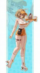 1girl absurdres ahoge anis_(nikke) bag bare_shoulders blush breasts brown_eyes brown_hair cleavage collarbone cup disposable_cup full_body goddess_of_victory:_nikke highres kneehighs large_breasts looking_at_viewer navel orange_shorts paper_bag short_hair shorts socks solo sports_bra subob_(subobdesu) tray white_sports_bra