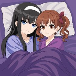 2girls affectionate bed bed_sheet black_hair blanket blue_eyes blue_pajamas bow brown_eyes brown_hair comforting commission crossover cuddling hair_bow hairband highres hug long_hair looking_at_viewer multiple_girls pajamas pillow purple_pajamas shirai_kuroko skylerkai sleepy toaru_kagaku_no_railgun toaru_majutsu_no_index tohno_akiha tsukihime twintails type-moon under_covers white_hairband