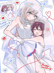 Rule 34 | 2girls, absurdres, blue eyes, bouquet, bridal veil, carrying, closed eyes, closed mouth, commentary, dress, female focus, flower, girls band cry, gloves, grey eyes, grey hair, hamchan69, heart, highres, holding, holding bouquet, husband and wife, iseri nina, kawaragi momoka, multiple girls, open mouth, princess carry, red flower, red hair, red rose, rose, see-through clothes, see-through veil, short hair, smile, tiara, veil, wedding dress, white dress, white gloves, wife and wife, yuri
