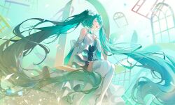 Rule 34 | 1girl, :d, absurdres, aqua hair, bare shoulders, boots, closed eyes, detached sleeves, dress, feet out of frame, hand on own chest, hatsune miku, hhiiiiiik, highres, hiramado miku, kowareta sekai to utaenai miku, long hair, open mouth, project sekai, sitting, sleeveless, sleeveless dress, smile, solo, thigh boots, very long hair, vocaloid, white boots, white dress, white sleeves