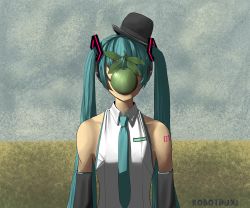 1girl apple artist_name bare_shoulders black_hat bowler_hat detached_sleeves fine_art_parody food fruit green_apple green_hair green_necktie hat hatsune_miku highres the_son_of_man_(magritte) long_hair necktie parody robotduxi simple_background solo the_son_of_man twintails very_long_hair vocaloid