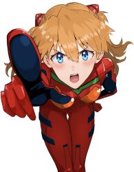 1girl absurdres angry blue_eyes blush bodysuit breasts hand_on_own_hip highres himagin20180321 interface_headset_(evangelion) leaning_forward legs_together long_hair looking_at_viewer mecha_pilot_suit medium_breasts multicolored_bodysuit neon_genesis_evangelion open_mouth orange_hair plugsuit_(evangelion) pointing pointing_at_viewer red_bodysuit simple_background solo souryuu_asuka_langley white_background
