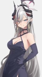 1girl black_dress black_gloves black_horns blue_archive blue_eyes breasts cleavage demon_horns dress elbow_gloves gloves grey_hair grin halo halterneck highres horns large_breasts long_hair looking_at_viewer makoto_(blue_archive) makoto_(dress)_(blue_archive) official_alternate_costume pointy_ears red_halo reulem simple_background smile solo white_background