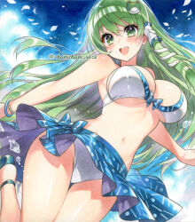 1girl :d bikini bikini_skirt blush bracelet breasts chacham commentary_request cowboy_shot frog_hair_ornament green_eyes green_hair hair_ornament hair_tubes jewelry kochiya_sanae large_breasts long_hair looking_at_viewer marker_(medium) navel open_mouth single_hair_tube smile snake_hair_ornament solo standing standing_on_one_leg stomach swimsuit teeth touhou traditional_media twitter_username upper_teeth_only very_long_hair white_bikini