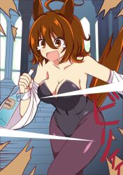 1girl agnes_tachyon_(umamusume) ahoge alternate_costume animal_ears armor bandolier bare_shoulders belt black_leotard breasts brown_eyes brown_gloves brown_hair capelet cleavage closed_mouth coat commentary_request cork cowboy_shot crying earrings gloves highres holding holding_test_tube horse_ears horse_girl indoors jewelry lab_coat leotard long_sleeves medium_breasts open_clothes open_coat pants smile solo strapless strapless_leotard streaming_tears tail_raised tears test_tube torn_clothes umamusume wahiko_(black_bastard)