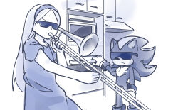 1boy 1girl dress furry furry_male gloves hairband hedgehog hedgehog_boy highres holding holding_instrument holding_trombone instrument kitchen kitchen_hood long_hair maria_robotnik meme microwave monochrome music omoteaoi oven playing_instrument shadow_the_hedgehog short_sleeves sonic_(series) standing sunglasses trombone when_mama_isn&#039;t_home_(meme)