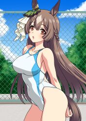 1girl absurdres alternate_eye_color animal_ears arms_behind_back blue_sky blurry blurry_background blush braid brown_eyes brown_hair chain-link_fence commentary_request competition_school_swimsuit competition_swimsuit covered_navel cowboy_shot day ear_ornament fence hair_between_eyes half_up_braid highres horse_ears horse_girl horse_tail multicolored_hair one-piece_swimsuit open_mouth outdoors satono_diamond_(umamusume) school_swimsuit sky solo streaked_hair swimsuit tail tree umamusume white_hair white_one-piece_swimsuit yuuyuu_(3jjbn)