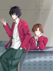 advanced_nurturing_high_school_uniform ayanokouji_kiyotaka black_hair blue_necktie brown_eyes brown_hair classroom closed_mouth collared_shirt desk green_pants hand_in_pocket hand_up highres jacket katagiri_yuuichi long_hair long_sleeves looking_at_viewer looking_to_the_side necktie pants red_eyes red_jacket school_desk school_uniform serious shirt smile tomodachi_game user_knuf2785 white_shirt youkoso_jitsuryoku_shijou_shugi_no_kyoushitsu_e