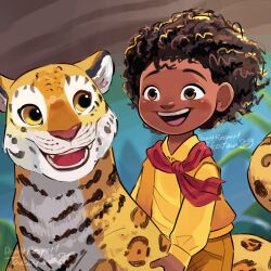 Rule 34 | 1boy, animal, antonio madrigal, brown hair, curly hair, dark-skinned male, dark skin, disney, happy, highres, leopard, scarf, smile, takatmaorange, very dark skin