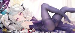 1girl bare_shoulders between_legs black_halo black_horns blue_archive blush breasts commentary_request demon_girl demon_horns douya_(yaomiaomiao) dress earrings elbow_gloves embarrassed feet floating_earrings foot_out_of_frame from_side gloves hair_flowing_over hair_spread_out halo hand_between_legs head_on_pillow highres hina_(blue_archive) hina_(dress)_(blue_archive) horns indoors jewelry legs_up long_hair looking_at_viewer lying multiple_horns necklace no_shoes official_alternate_costume official_alternate_hairstyle on_back pantyhose parted_bangs pendant pillow purple_dress purple_eyes purple_gloves purple_pantyhose revision small_breasts solo strapless strapless_dress thighband_pantyhose thighs variant_set very_long_hair wavy_mouth white_hair