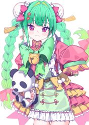 1girl :3 bell blush bow braid bun_cover closed_mouth commentary dress frilled_dress frills green_bow green_dress green_nails hand_up highres jingle_bell long_hair looking_at_viewer morumoru_x nail_polish original purple_eyes red_bow red_dress simple_background sleeves_past_wrists solo stuffed_animal stuffed_panda stuffed_toy symbol-only_commentary twin_braids two-tone_dress white_background