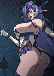1girl absurdres aoi_tabane ass blue_eyes blue_hair blush breasts demon_girl demon_horns demon_tail earrings elbow_gloves gloves hair_intakes highres horns jewelry katsuragi_marina kougyaku_reiki kouyoku_senki_exs-tia large_breasts leotard long_hair looking_at_viewer looking_back open_mouth pointy_ears sideboob solo sweat tail thighhighs tongue tongue_out white_gloves white_leotard