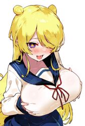 1girl :3 blonde_hair blue_sailor_collar blue_skirt breast_lift breasts cmyk:_sameda_kazuou_wa_chuunibyou_ga_naosenai cross-shaped_pupils double_bun grabbing_own_breast hair_bun hair_over_one_eye highres huge_breasts koba long_bangs long_hair looking_at_viewer multicolored_eyes neck_ribbon one_eye_covered open_mouth purple_eyes red_ribbon ribbon sailor_collar school_uniform serafuku shirt side_up_bun simple_background skirt smile solo symbol-shaped_pupils tasogare_kiiro two-tone_eyes white_background white_shirt yellow_pupils